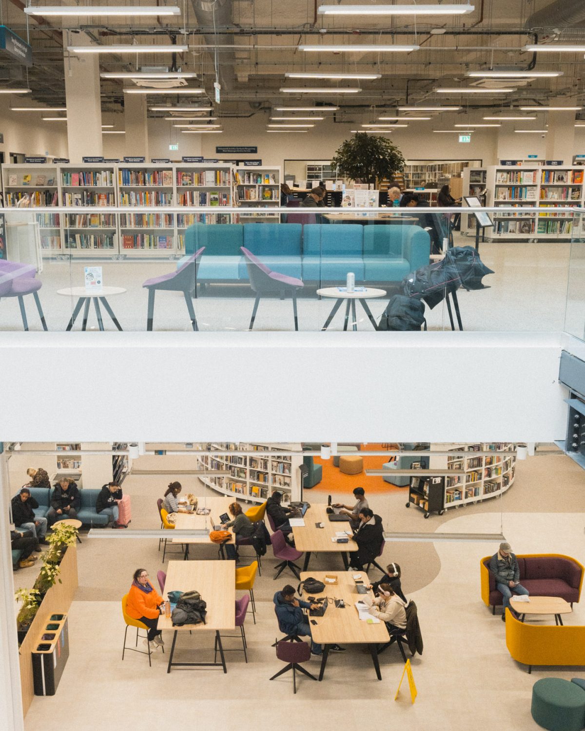 A multi-use hub depicting both the upstairs and downstairs of the building, displaying seating areas and bookshelves