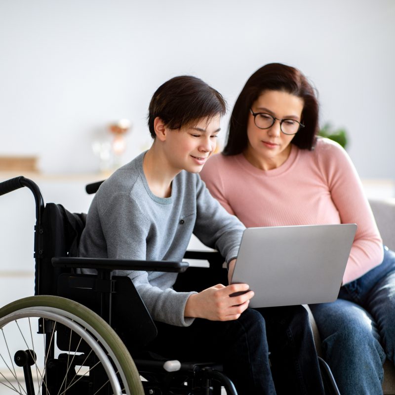 Young person in wheelchair looking at laptop with colleague